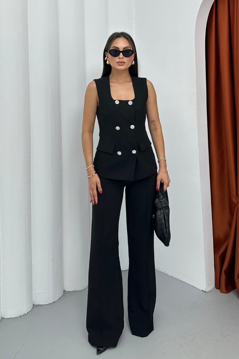 Kadın İkili Alt Üst Takım Şık Düğme Detaylı Kare Yaka Yelek Pantolon Takım