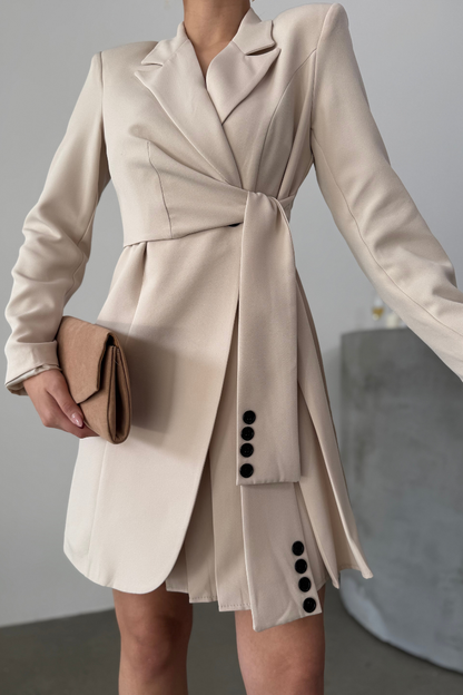 Kadın Elbise Mini Şık Uzun Kollu Kuşaklı Kruvaze Yaka Pileli Ceket Elbise