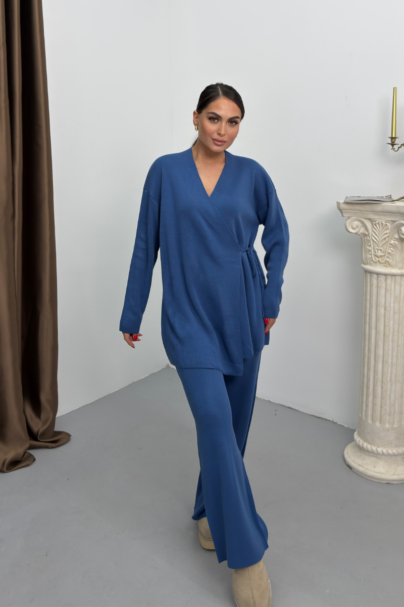 Kadın İkili Alt Üst Takım Triko Yandan Bağcıklı Kruvaze Hırka Bol Paça Pantolon Örme Takım