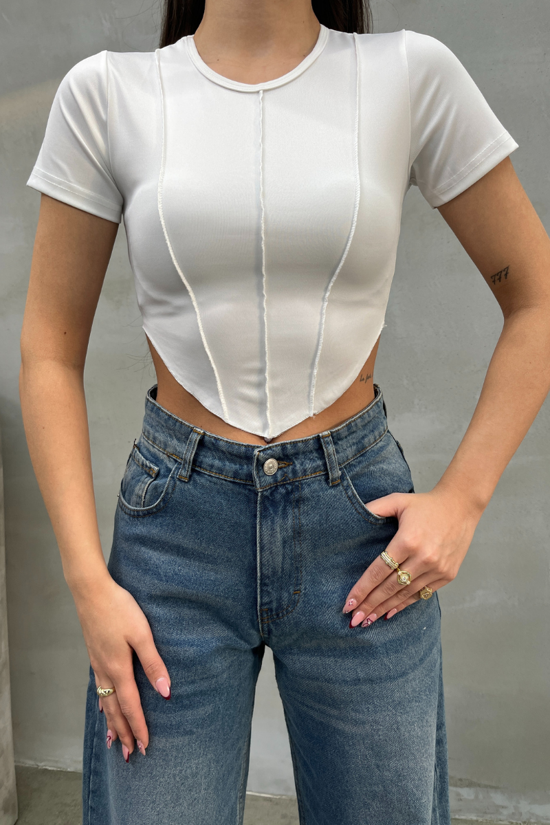 Kadın Crop Tişört Kısa Kollu Bisiklet Yaka Dikiş Detaylı