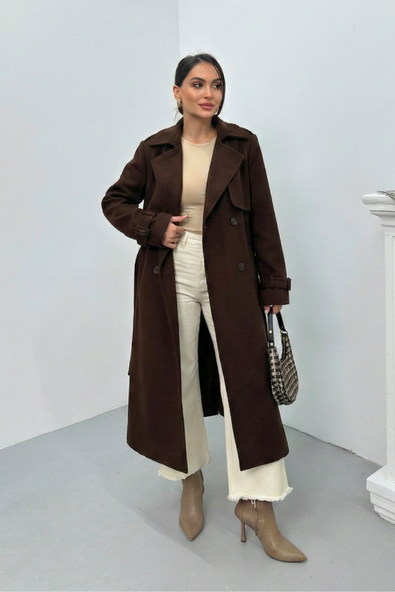 Kadın Kaban Uzun Kaşe  Kuşaklı Düğmeli Cepli Kruvaze Premium Kaban