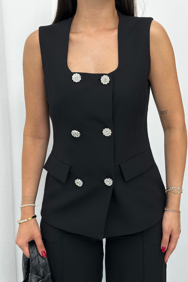 Kadın İkili Alt Üst Takım Şık Düğme Detaylı Kare Yaka Yelek Pantolon Takım