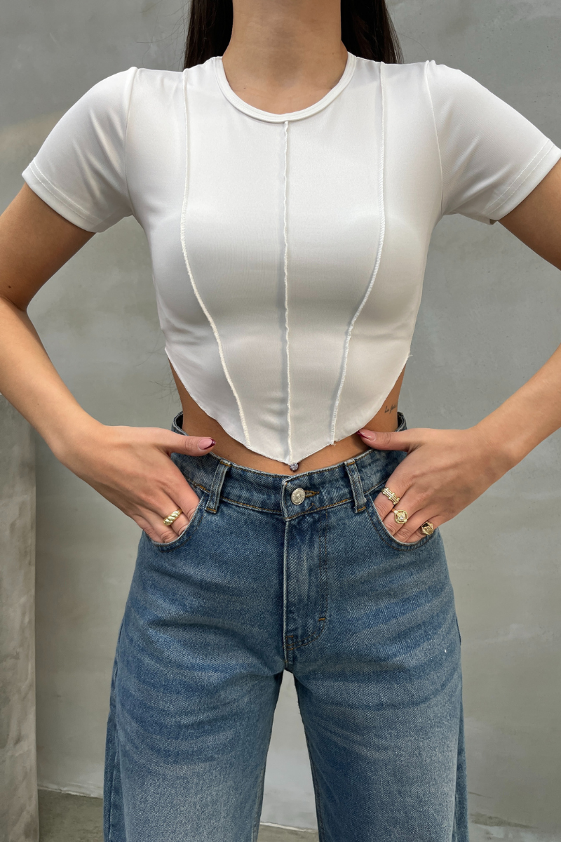 Kadın Crop Tişört Kısa Kollu Bisiklet Yaka Dikiş Detaylı