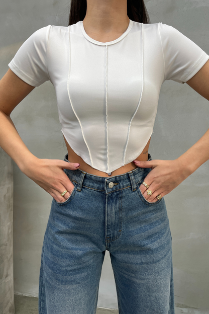 Kadın Crop Tişört Kısa Kollu Bisiklet Yaka Dikiş Detaylı