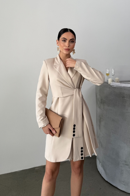 Kadın Elbise Mini Şık Uzun Kollu Kuşaklı Kruvaze Yaka Pileli Ceket Elbise