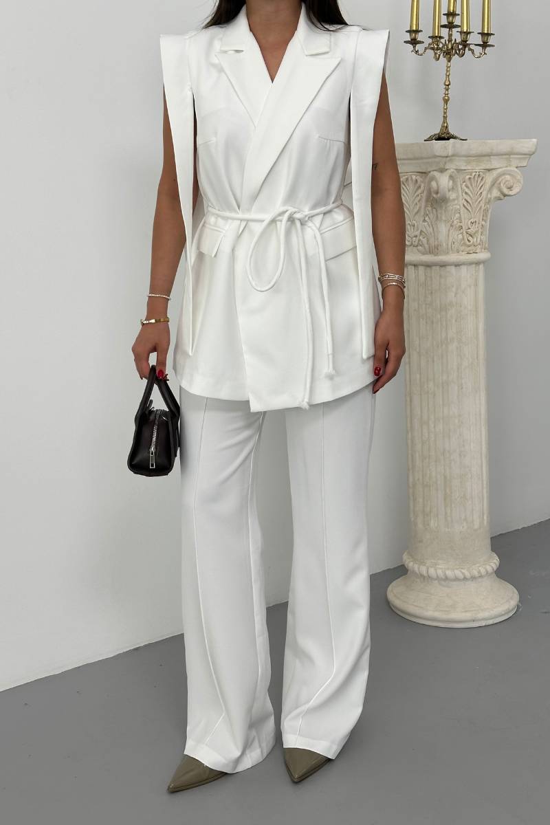 Kadın Alt Üst İkili Takım Omuz Detaylı Kuşaklı Yelek Pantolon Takım