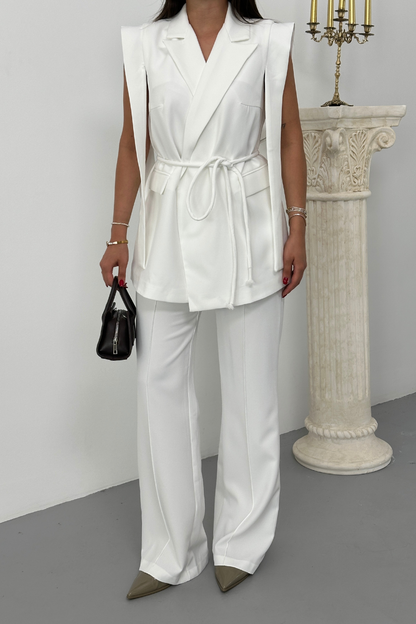 Kadın Alt Üst İkili Takım Omuz Detaylı Kuşaklı Yelek Pantolon Takım