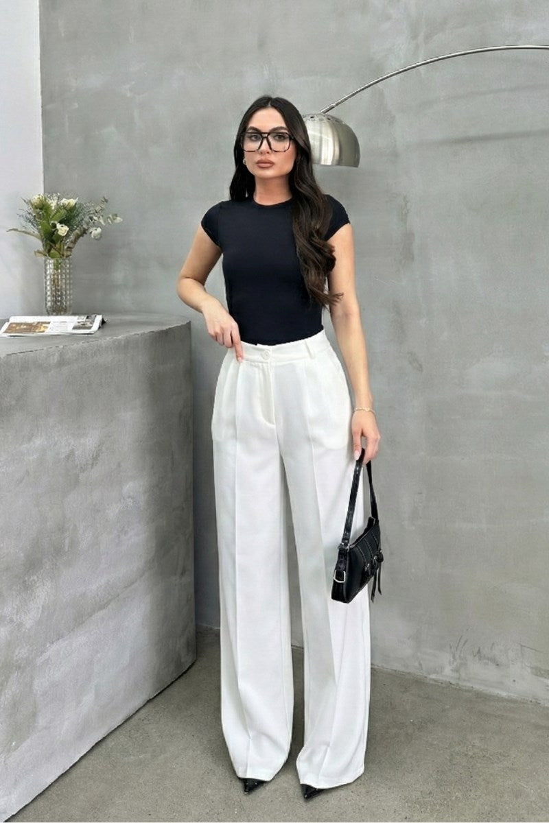 Kadın Palazzo Pantolon Düğmeli Çift Cepli Bol Paça Pantolon