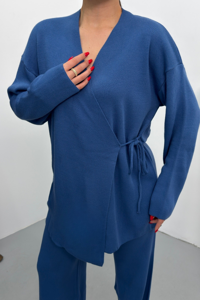 Kadın İkili Alt Üst Takım Triko Yandan Bağcıklı Kruvaze Hırka Bol Paça Pantolon Örme Takım