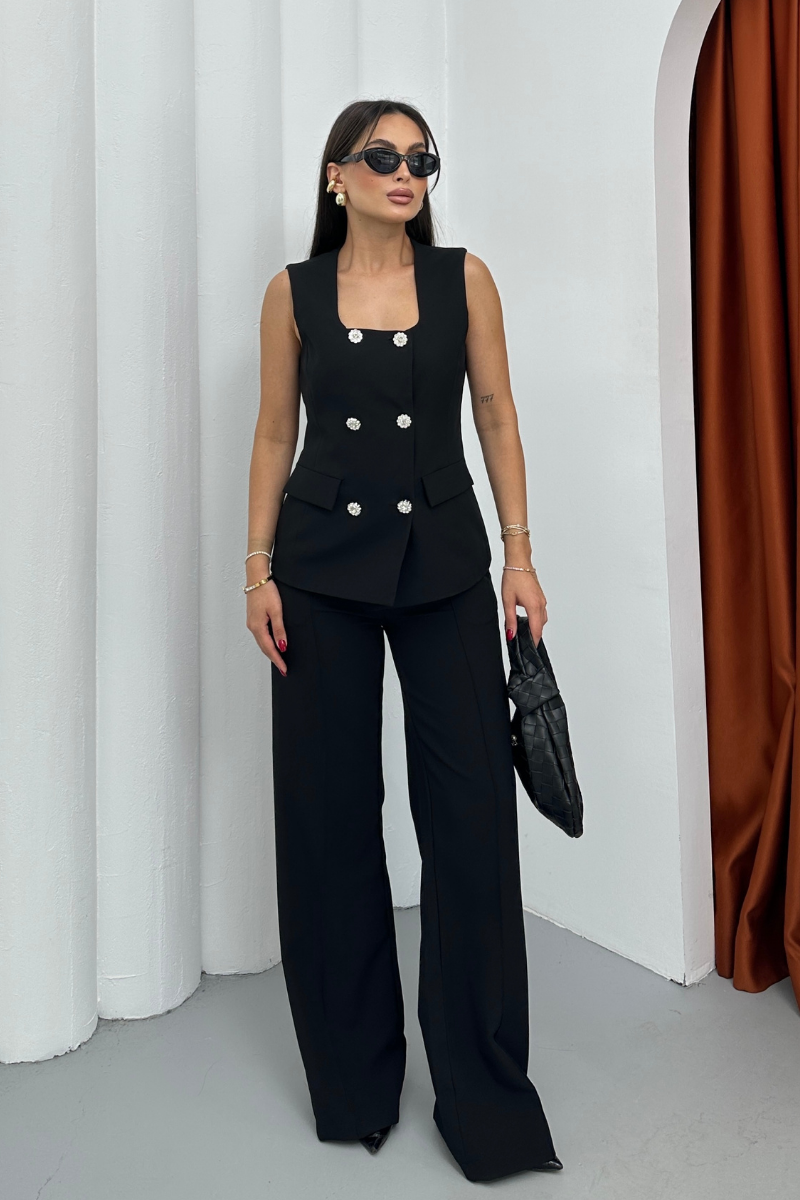 Kadın İkili Alt Üst Takım Şık Düğme Detaylı Kare Yaka Yelek Pantolon Takım