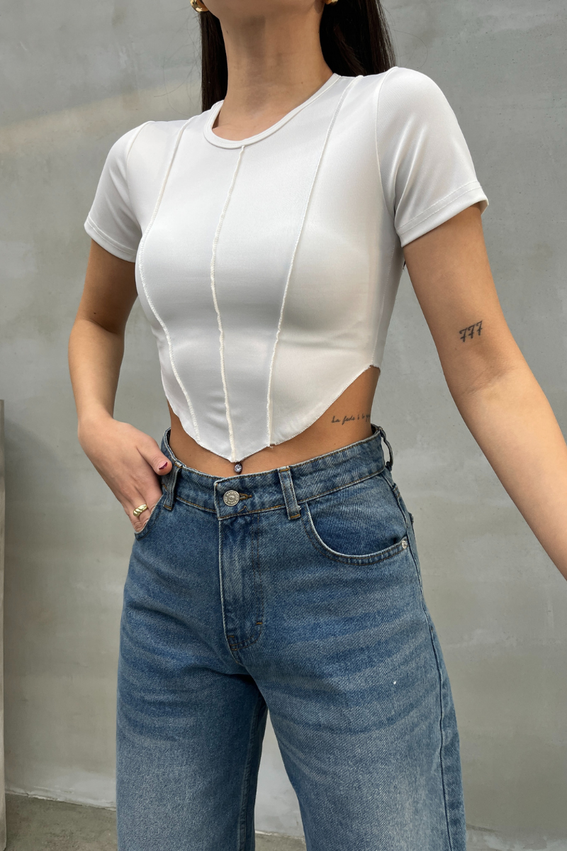 Kadın Crop Tişört Kısa Kollu Bisiklet Yaka Dikiş Detaylı
