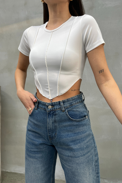 Kadın Crop Tişört Kısa Kollu Bisiklet Yaka Dikiş Detaylı
