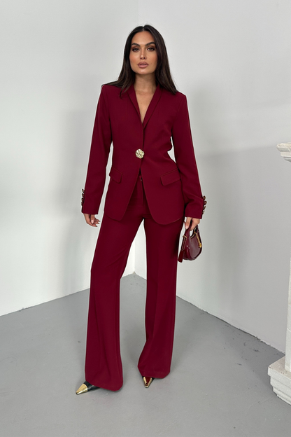 Kadın İkili Takım Şık Düğme Detaylı Dik Yaka Blazer Ceket Bol Paça Pantolon Takım