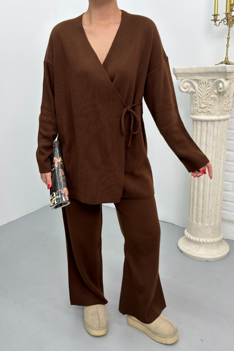 Kadın İkili Alt Üst Takım Triko Yandan Bağcıklı Kruvaze Hırka Bol Paça Pantolon Örme Takım