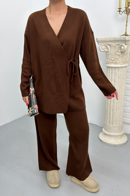 Kadın İkili Alt Üst Takım Triko Yandan Bağcıklı Kruvaze Hırka Bol Paça Pantolon Örme Takım