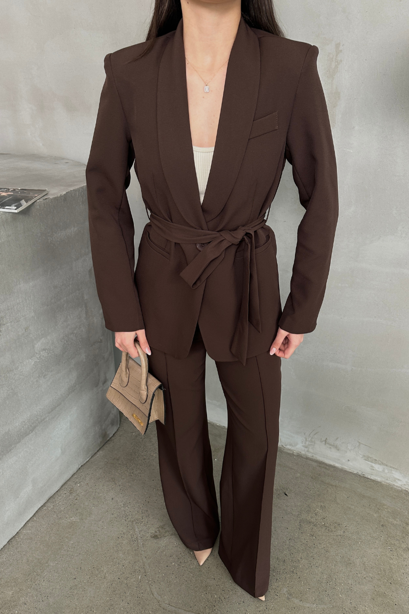 Kadın İkili Kuşaklı Blazer Ceket Pantolon Takım