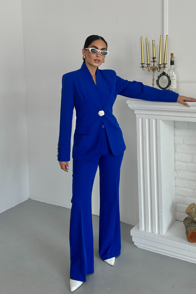 Kadın İkili Takım Şık Düğme Detaylı Dik Yaka Blazer Ceket Bol Paça Pantolon Takım