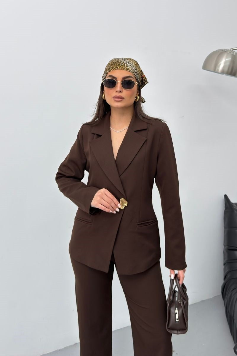 Kadın İkili Alt Üst Takım Şık Gold Düğmeli Fleto Cepli Blazer Ceket Bol Paça Pantolon Takım