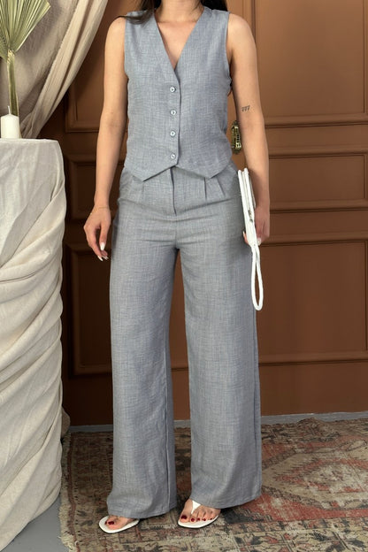 Kadın Alt Üst Takım Keten Düğmeli V Yaka Yelek Bol Paça Pantolon Takım