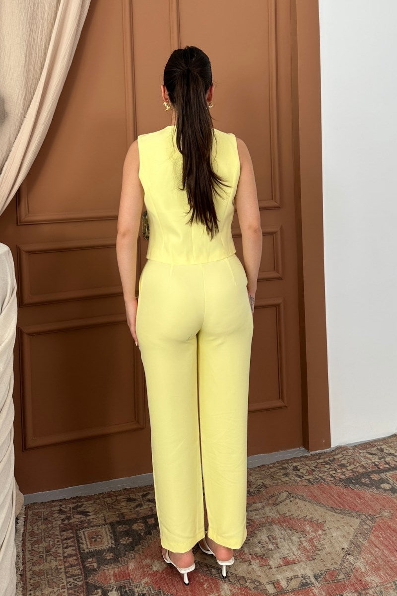 Kadın Alt Üst Takım Şık Gold Düğme Detaylı V Yaka Yelek Pantolon Takım