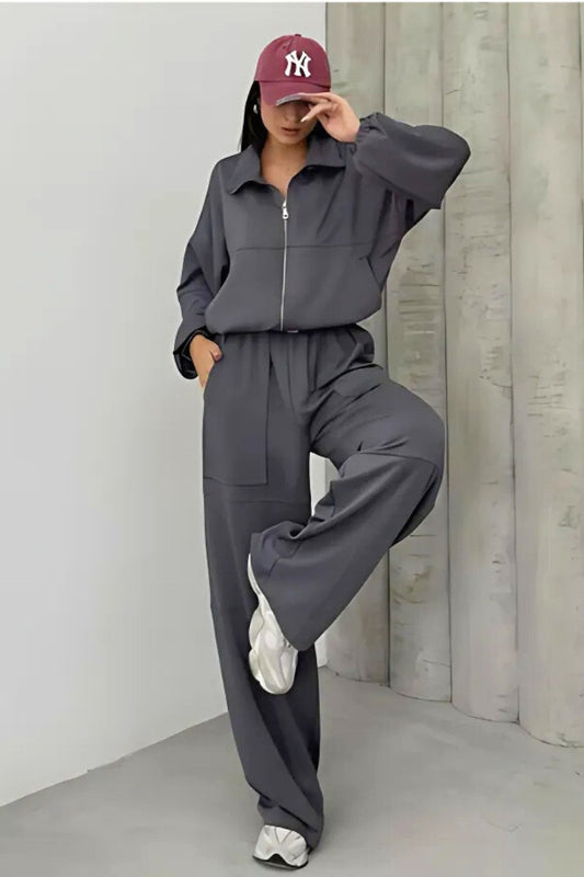 Kadın Eşofman Takımı Bol Paça Büyük Cepli Kemerli Soft Touch İkili Takım