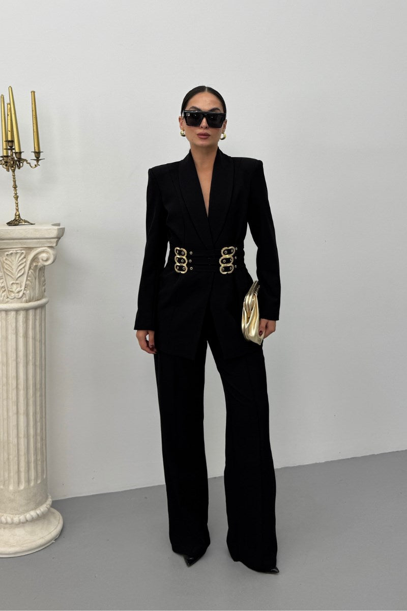 Kadın Blazer Ceket Şık Kruvaze Yaka Vatkalı Gold Kemer Detaylı Ceket