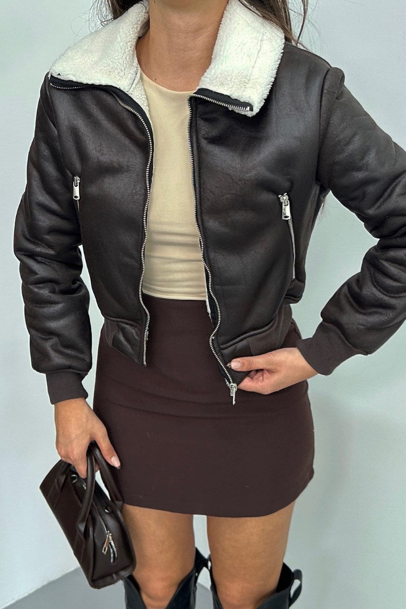 Kadın Ceket Kısa Süet İçi Kürklü Fermuarlı Çift Cepli Ribanalı Kısa Mont