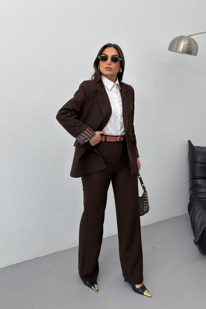 Kadın İkili Alt Üst Takım Kemerli Çizgili Astarlı Cep Detaylı Regular Blazer Ceket Pantolon Takım