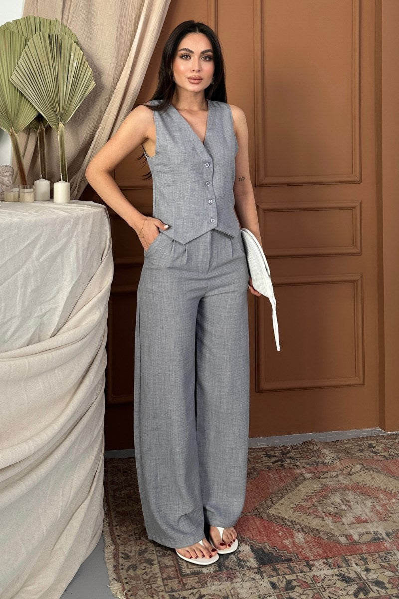 Kadın Alt Üst Takım Keten Düğmeli V Yaka Yelek Bol Paça Pantolon Takım