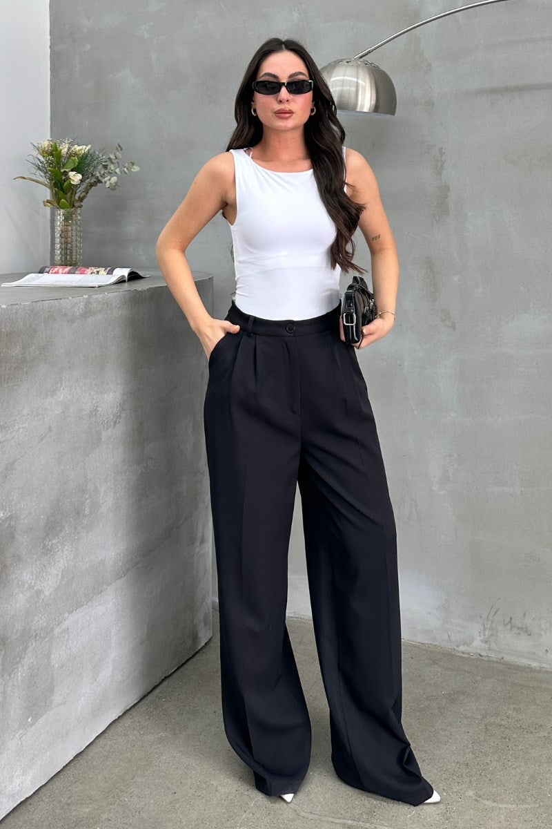 Kadın Palazzo Pantolon Düğmeli Çift Cepli Bol Paça Pantolon