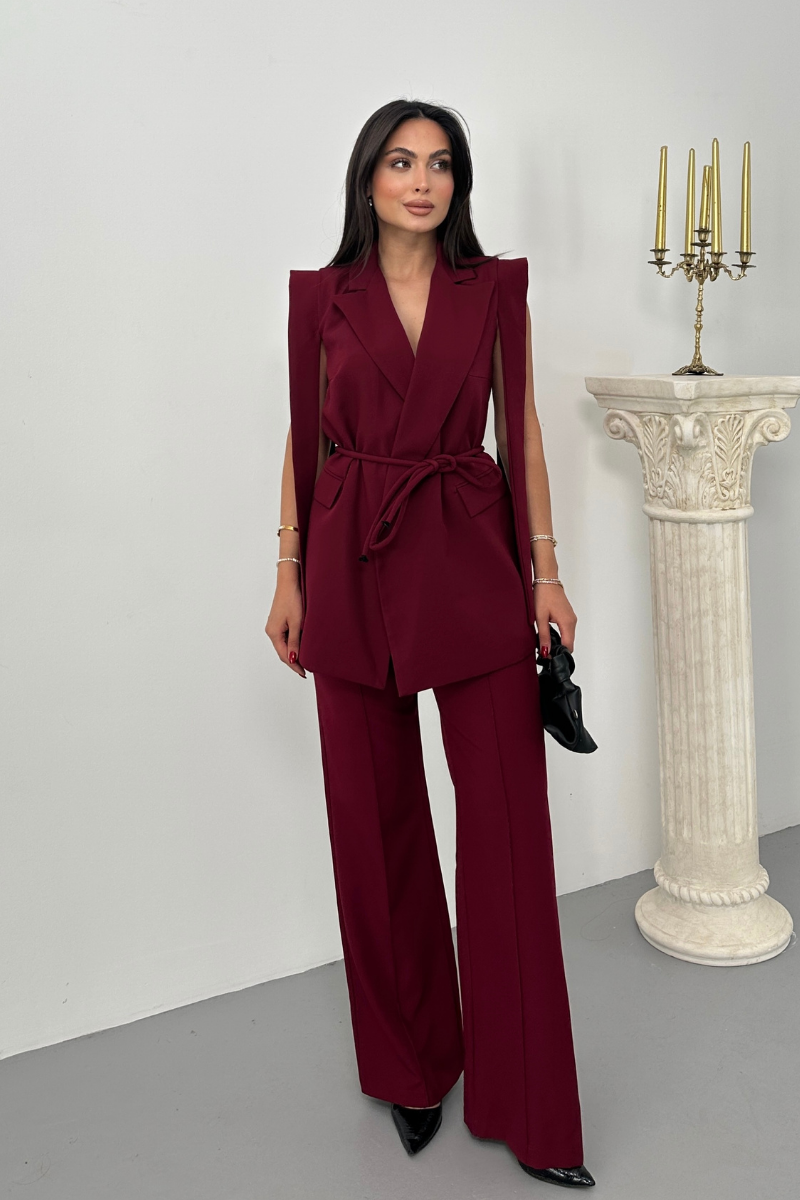 Kadın Alt Üst İkili Takım Omuz Detaylı Kuşaklı Yelek Pantolon Takım