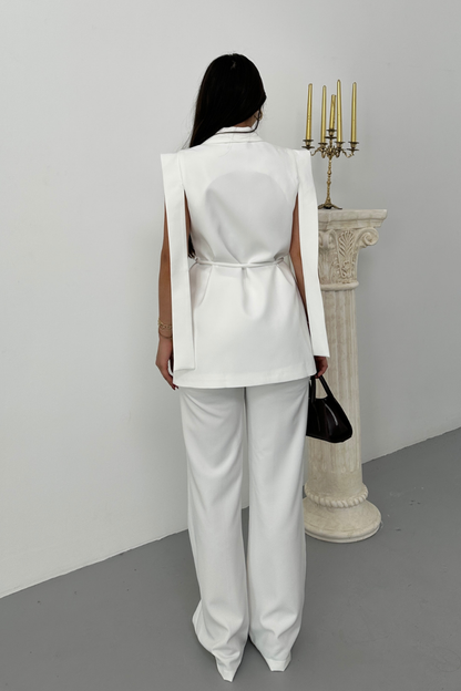 Kadın Alt Üst İkili Takım Omuz Detaylı Kuşaklı Yelek Pantolon Takım