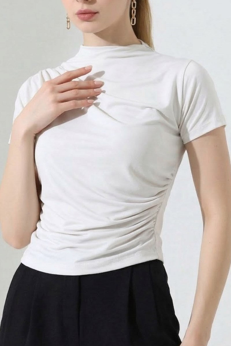 Kadın T-Shirt Kısa Kollu Drape Detaylı Yaka ve Beli Büzgülü Sandy Kumaş Likralı Bluz