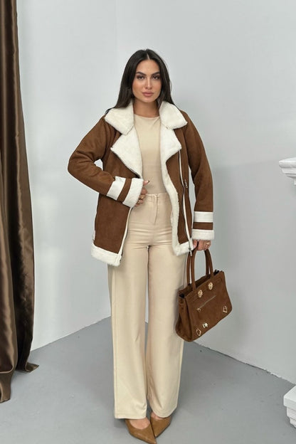 Kadın Süet Mont Oversize İçi Kürklü Fermuarlı Cepli Kol Detaylı Ceket Yaka Kışlık Kaban