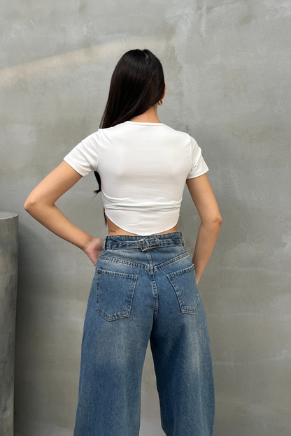 Kadın Crop Tişört Kısa Kollu Bisiklet Yaka Dikiş Detaylı