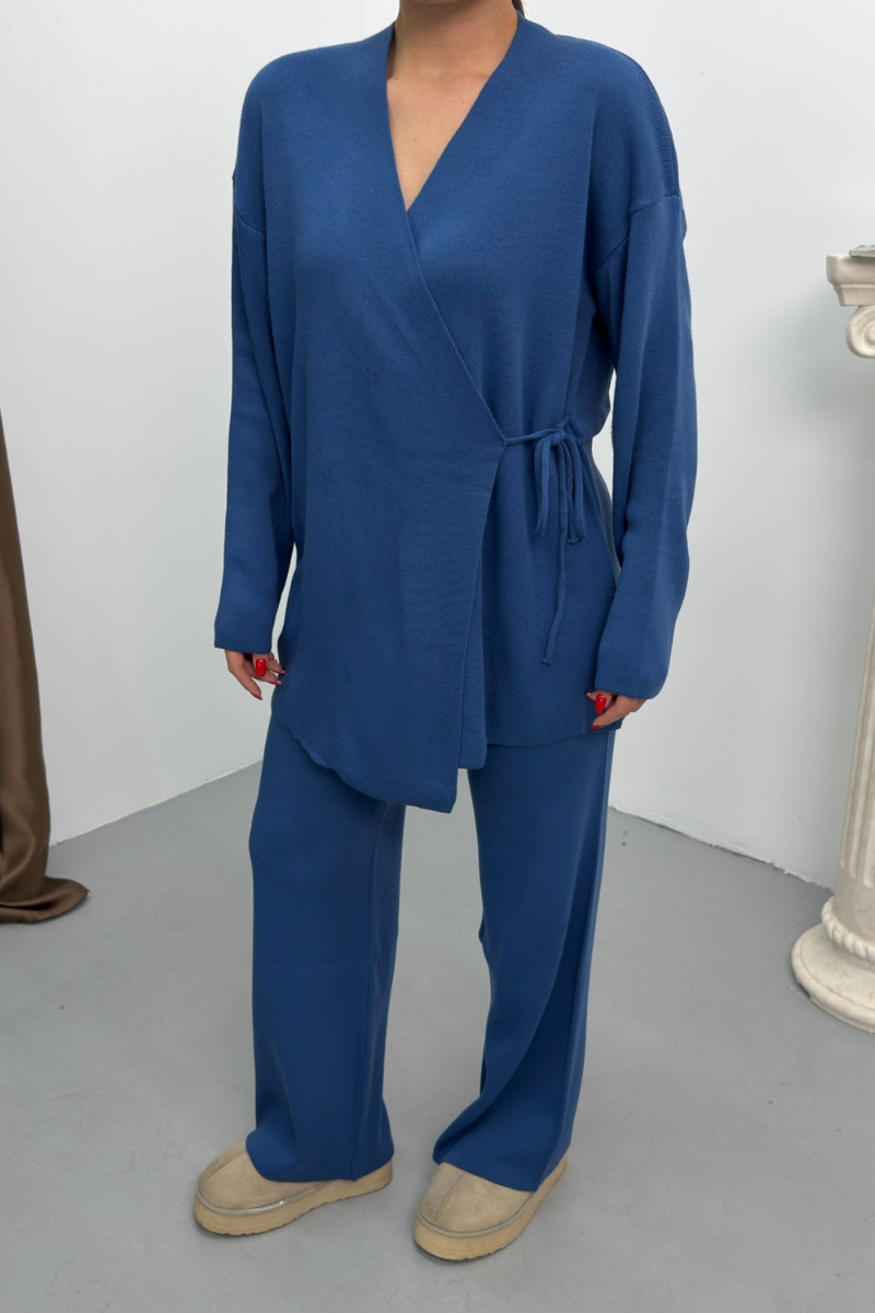 Kadın İkili Alt Üst Takım Triko Yandan Bağcıklı Kruvaze Hırka Bol Paça Pantolon Örme Takım