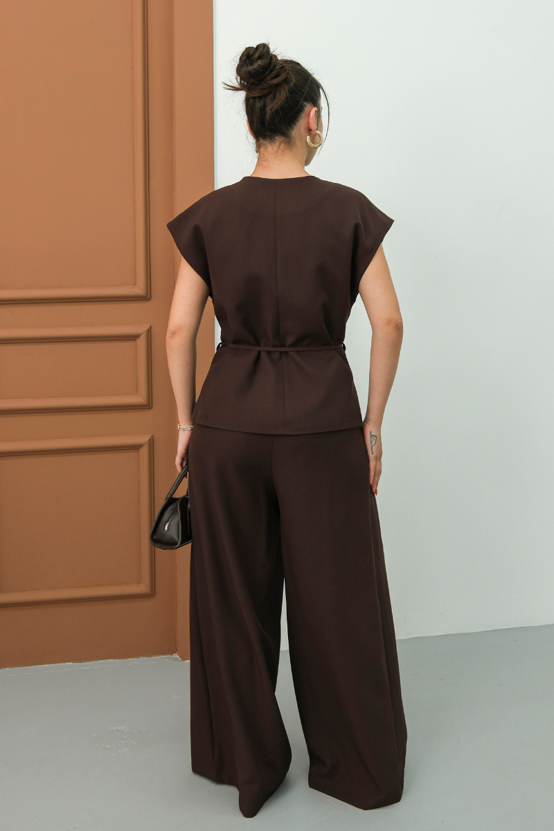 Kadın İkili Alt Üst Takım Bağcıklı Bol Kesim Dökümlü Yazlık Kısa Kollu Kimono Ceket Palazzo Pantolon