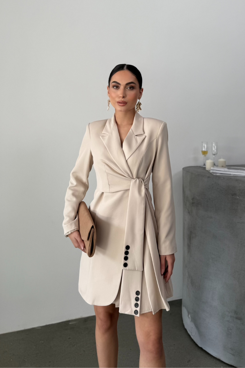 Kadın Elbise Mini Şık Uzun Kollu Kuşaklı Kruvaze Yaka Pileli Ceket Elbise