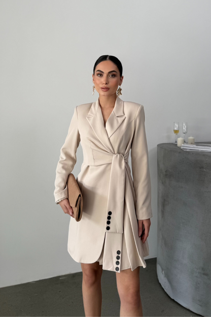 Kadın Elbise Mini Şık Uzun Kollu Kuşaklı Kruvaze Yaka Pileli Ceket Elbise