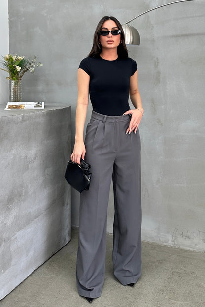 Kadın Palazzo Pantolon Düğmeli Çift Cepli Bol Paça Pantolon