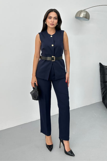 Kadın İkili Alt Üst Takım Şık Kemerli Düğme Detaylı Bisiklet Yaka Regular Yelek Pantolon Takım BEJ 36