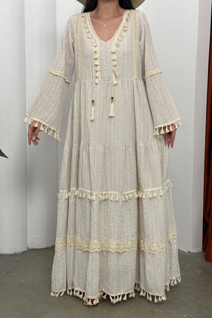 Kadın Elbise Uzun Şık Uzun Kollu Gofre V Yaka Püskül Detaylı Bol Kesim