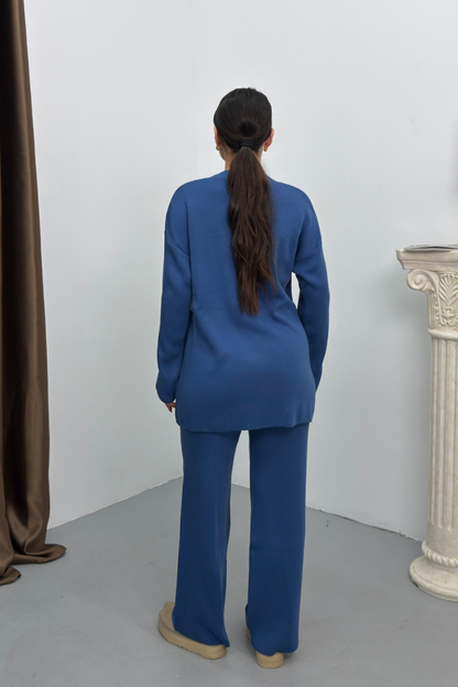 Kadın İkili Alt Üst Takım Triko Yandan Bağcıklı Kruvaze Hırka Bol Paça Pantolon Örme Takım