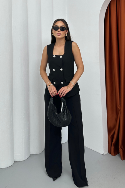 Kadın İkili Alt Üst Takım Şık Düğme Detaylı Kare Yaka Yelek Pantolon Takım