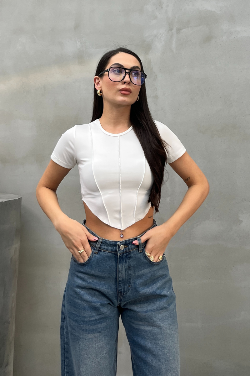 Kadın Crop Tişört Kısa Kollu Bisiklet Yaka Dikiş Detaylı