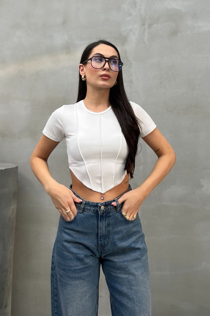 Kadın Crop Tişört Kısa Kollu Bisiklet Yaka Dikiş Detaylı