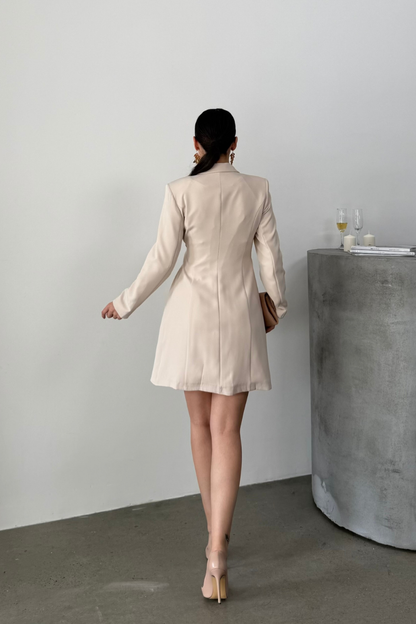 Kadın Elbise Mini Şık Uzun Kollu Kuşaklı Kruvaze Yaka Pileli Ceket Elbise