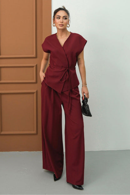 Kadın İkili Alt Üst Takım Bağcıklı Bol Kesim Dökümlü Yazlık Kısa Kollu Kimono Ceket Palazzo Pantolon BEBE MAVİSİ 36 Çok Renkli