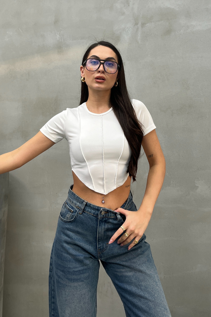 Kadın Crop Tişört Kısa Kollu Bisiklet Yaka Dikiş Detaylı