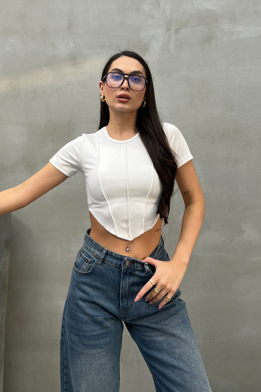 Kadın Crop Tişört Kısa Kollu Bisiklet Yaka Dikiş Detaylı